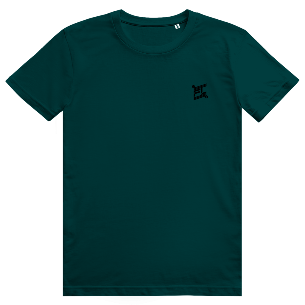 T-shirt streetwear vert, coupe classique. Face avant minimaliste avec un logo noir discret imprimé sur la poitrine, conçu pour contraster avec un dos graphique.