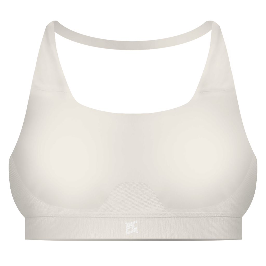 Brassière gainante femme FL-FIT blanc vue de face, maintien fort, bande élastique large sous la poitrine, bretelles larges, logo FL-FIT orange brodé sur le devant centré, fond blanc