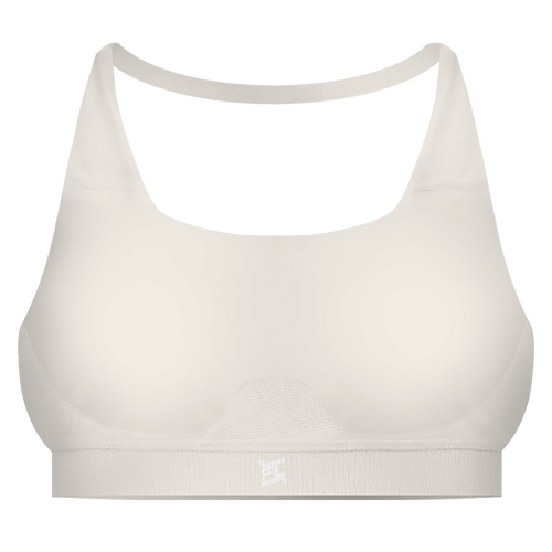 Brassière gainante femme FL-FIT blanc vue de face, maintien fort, bande élastique large sous la poitrine, bretelles larges, logo FL-FIT orange brodé sur le devant centré, fond blanc
