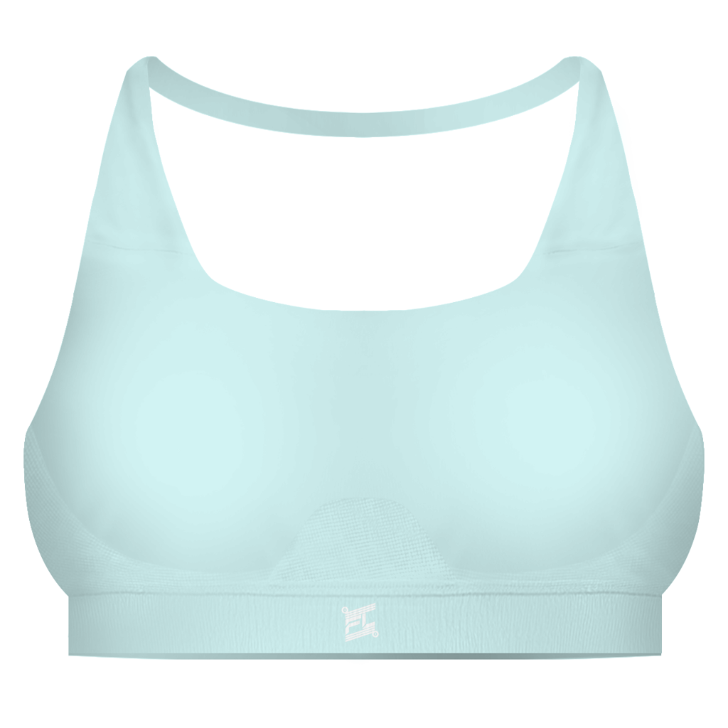 Brassière gainante femme FL-FIT turquoise vue de face, maintien fort, bande élastique large sous la poitrine, bretelles larges, logo FL-FIT orange brodé sur le devant centré, fond blanc