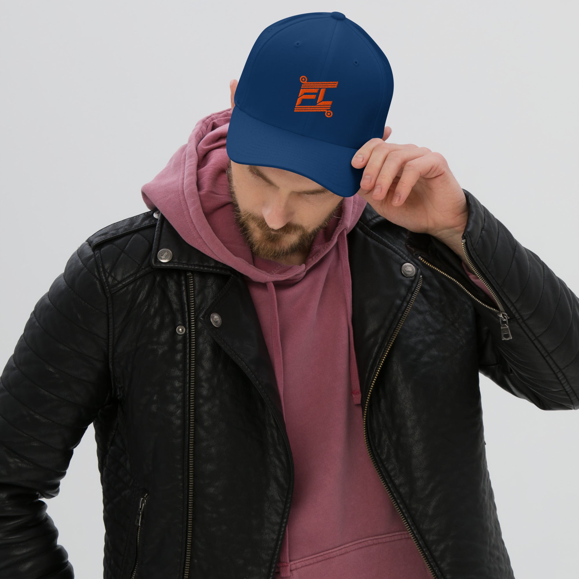 FL-FIT Casquette unisexe Billie bleu royal, mockup face avant, logo FL orange brodé, fond blanc