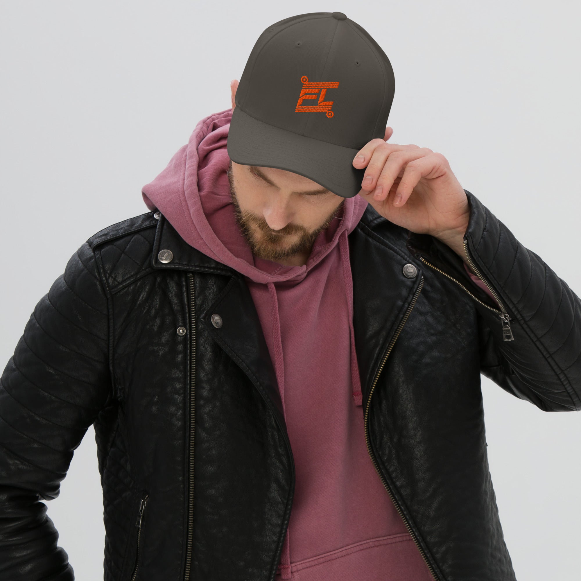 FL-FIT Casquette unisexe Billie dark grey, mockup face avant, logo FL orange brodé, fond blanc
