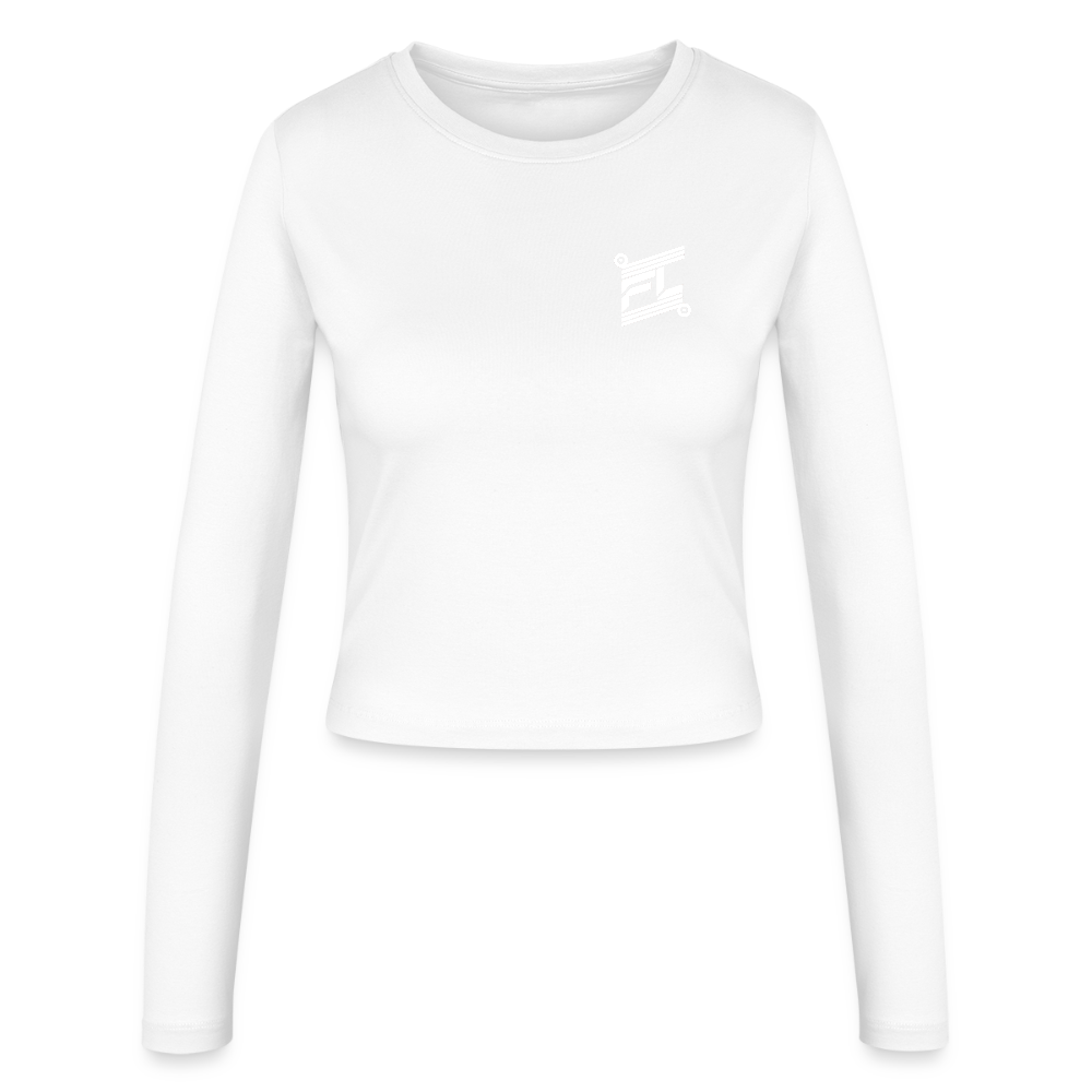 FL-FIT Crop Top Stella — femme, blanc, manches longues, logo FL blanc imprimé poitrine

