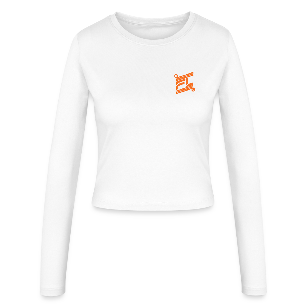 FL-FIT Crop Top Stella — femme, blanc, manches longues, logo FL orange imprimé poitrine

