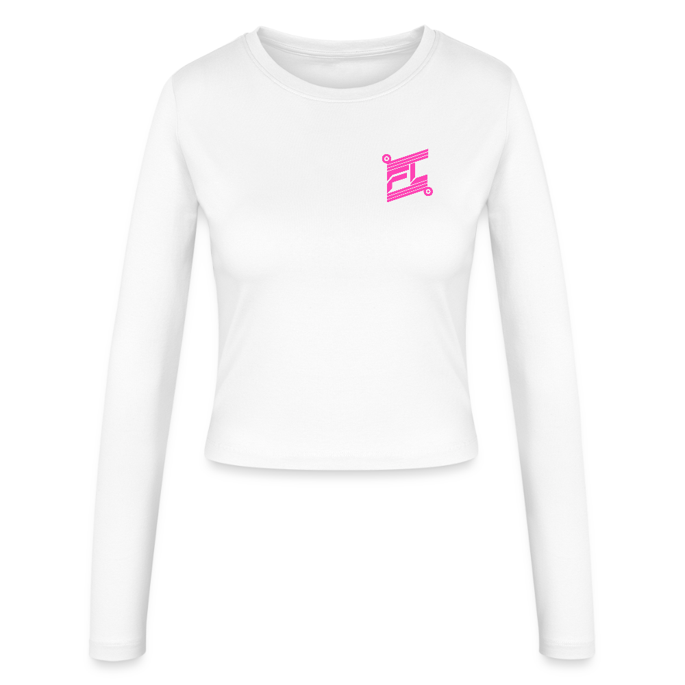 FL-FIT Crop Top Stella — femme, blanc, manches longues, logo FL rose imprimé poitrine
