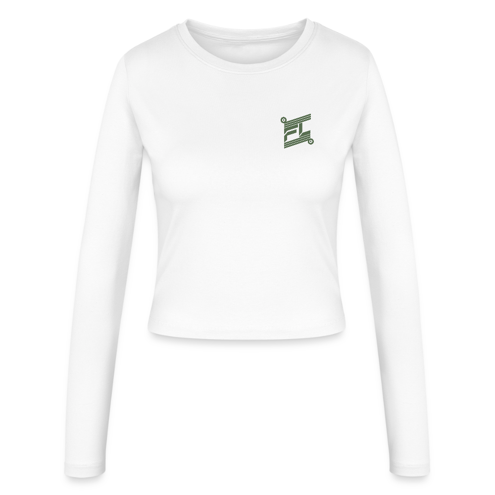 FL-FIT Crop Top Stella — femme, blanc, manches longues, logo FL vert imprimé poitrine
