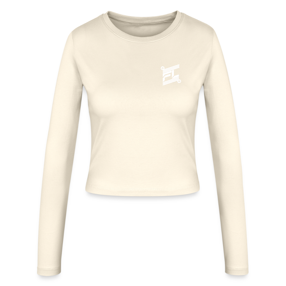 FL-FIT Crop Top Stella — femme, crèmes, manches longues, logo FL blanc imprimé poitrine
