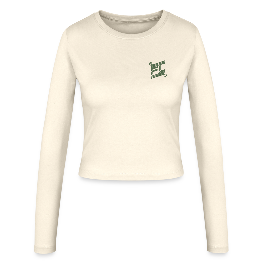 FL-FIT Crop Top Stella — femme, crème, manches longues, logo FL vert imprimé poitrine
