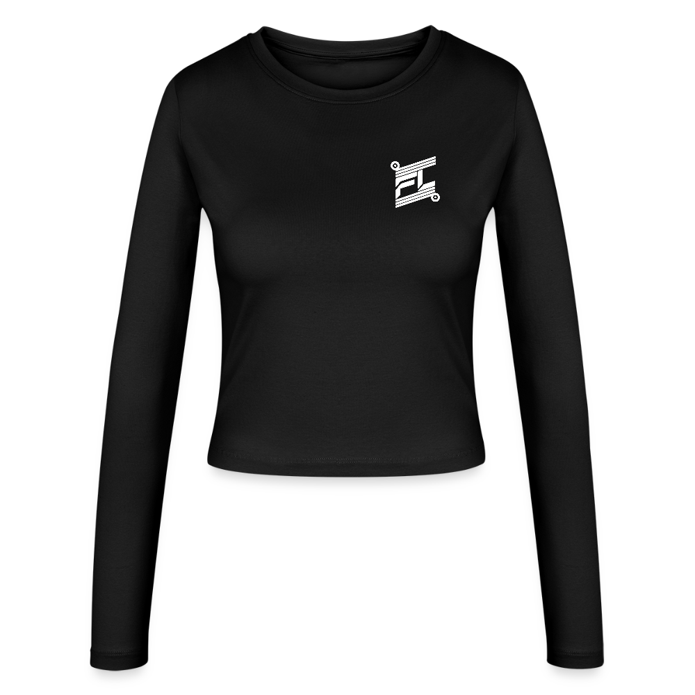 FL-FIT Crop Top Stella — femme, noir, manches longues, logo FL blanc imprimé poitrine
