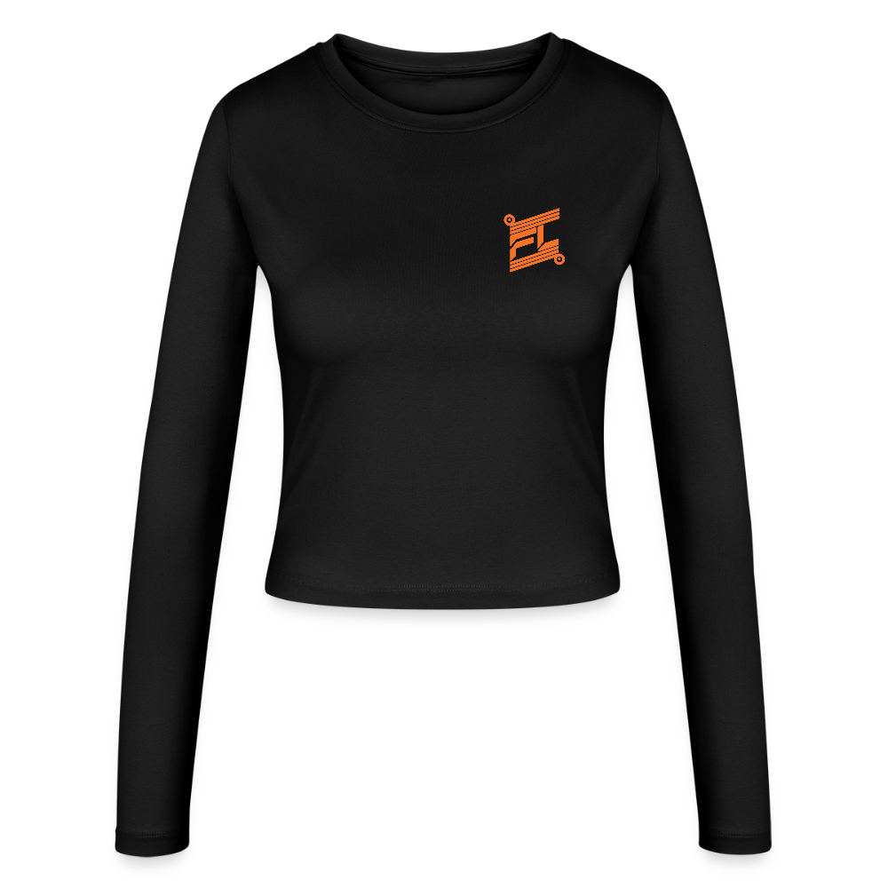 FL-FIT Crop Top Stella — femme, noir, manches longues, logo FL orange imprimé poitrine
