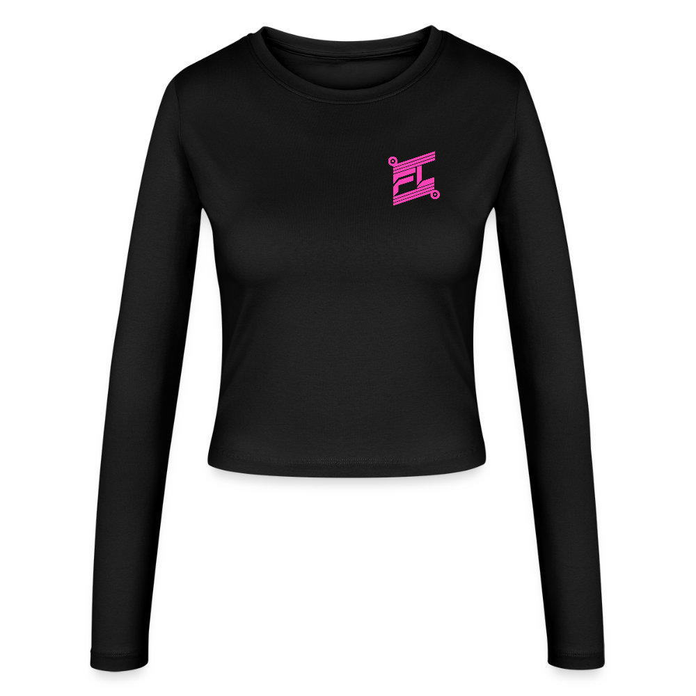 FL-FIT Crop Top Stella — femme, noir, manches longues, logo FL rose imprimé poitrine
