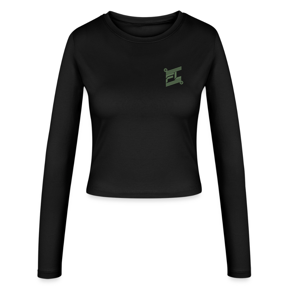 FL-FIT Crop Top Stella — femme, noir, manches longues, logo FL vert imprimé poitrine
