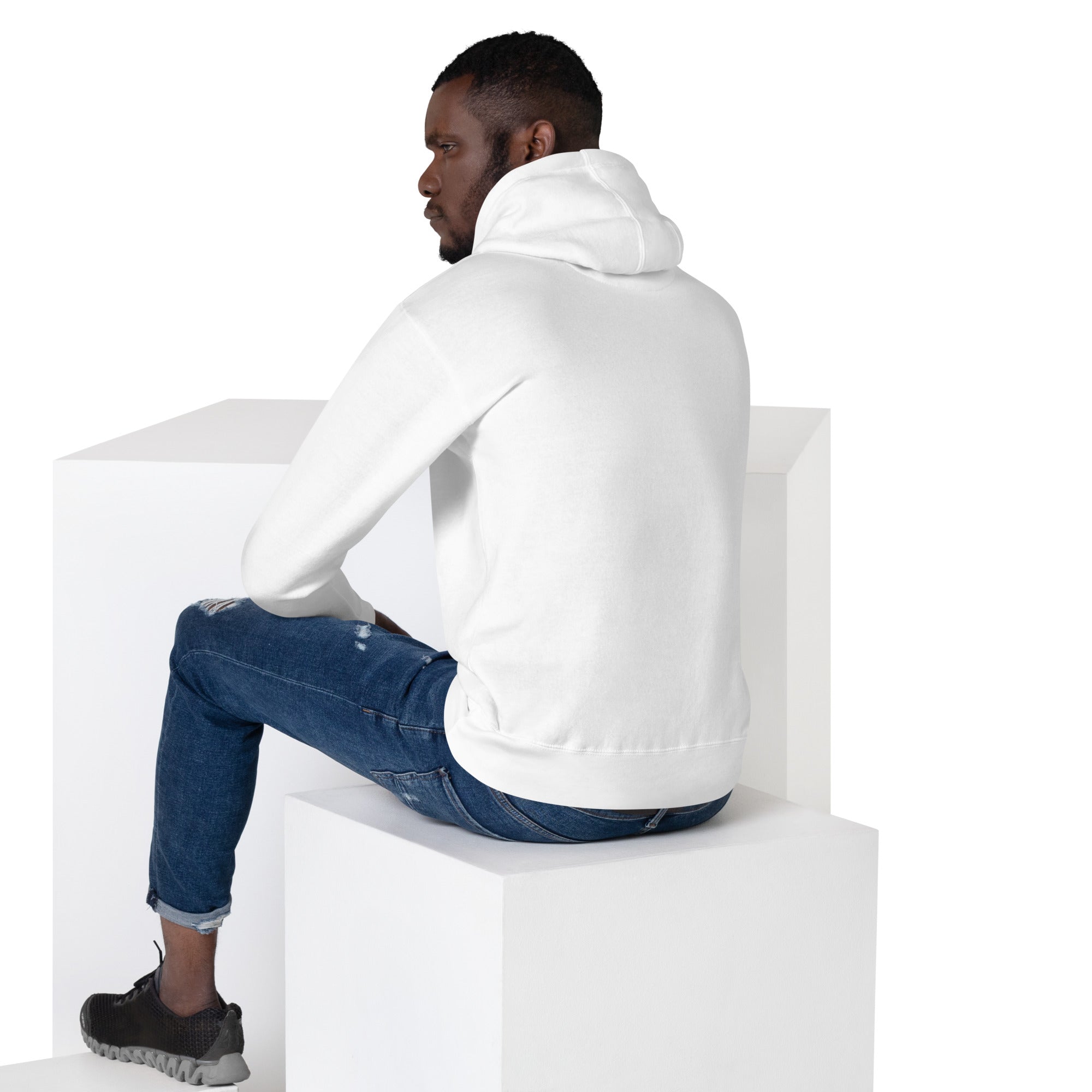 FL-FIT Hoodie femme blanc, vue de dos, capuche doublée, cordons ajustables, œillets métal, dos vierge