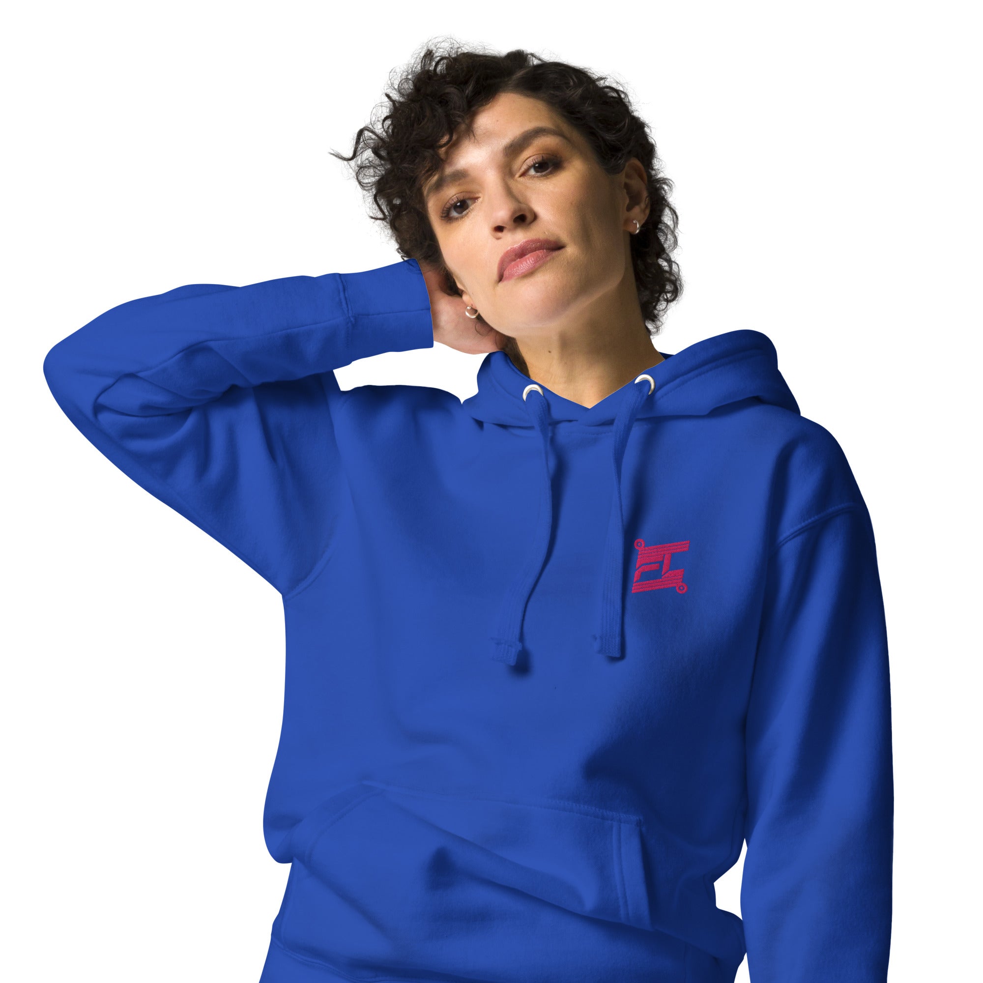FL-FIT Hoodie — femme, bleu, gros plan face avant, logo FL rose brodé poitrine gauche, cordons capuche blanc cassé

