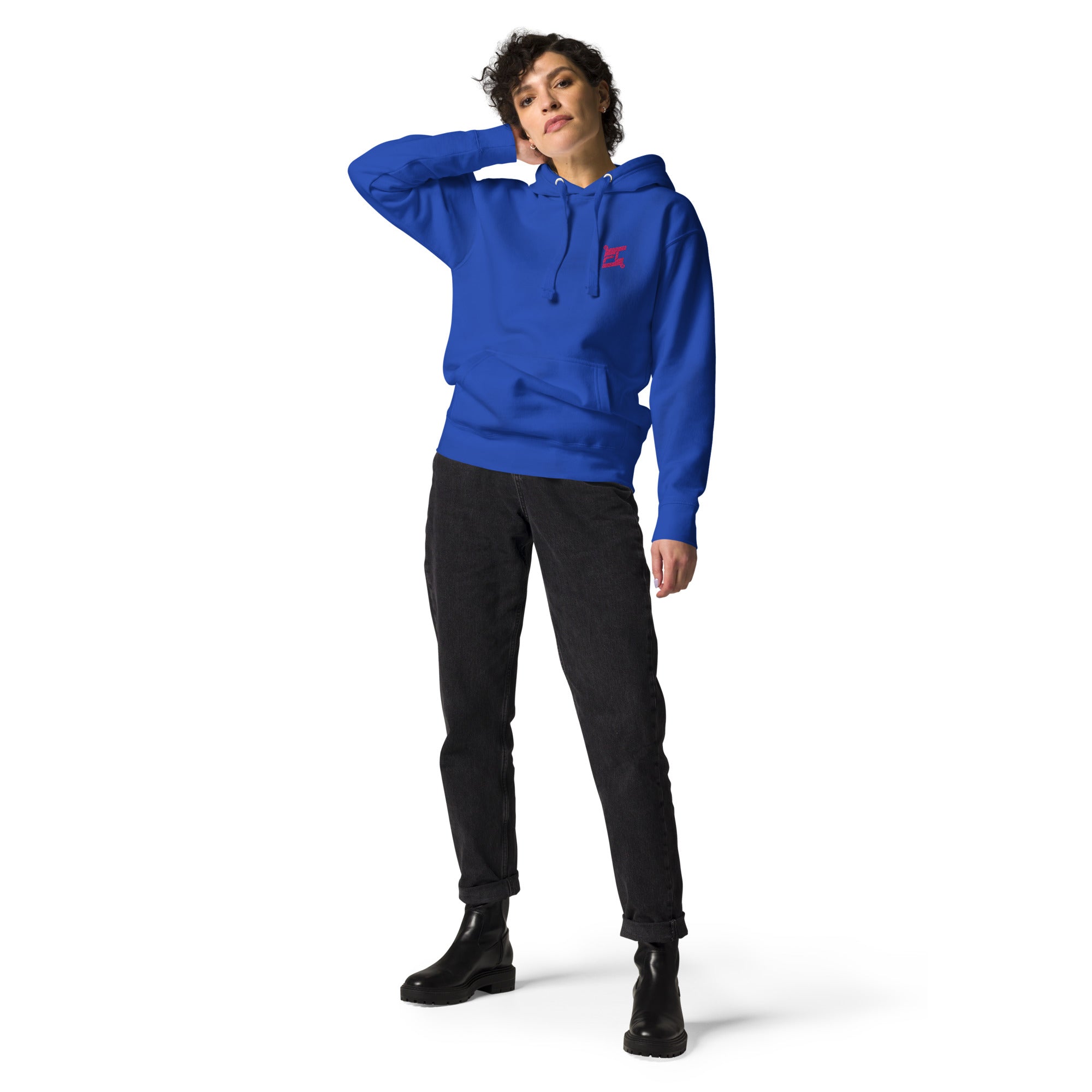 FL-FIT Hoodie — femme, bleu, coupe classique, logo FL rose brodé poitrine
