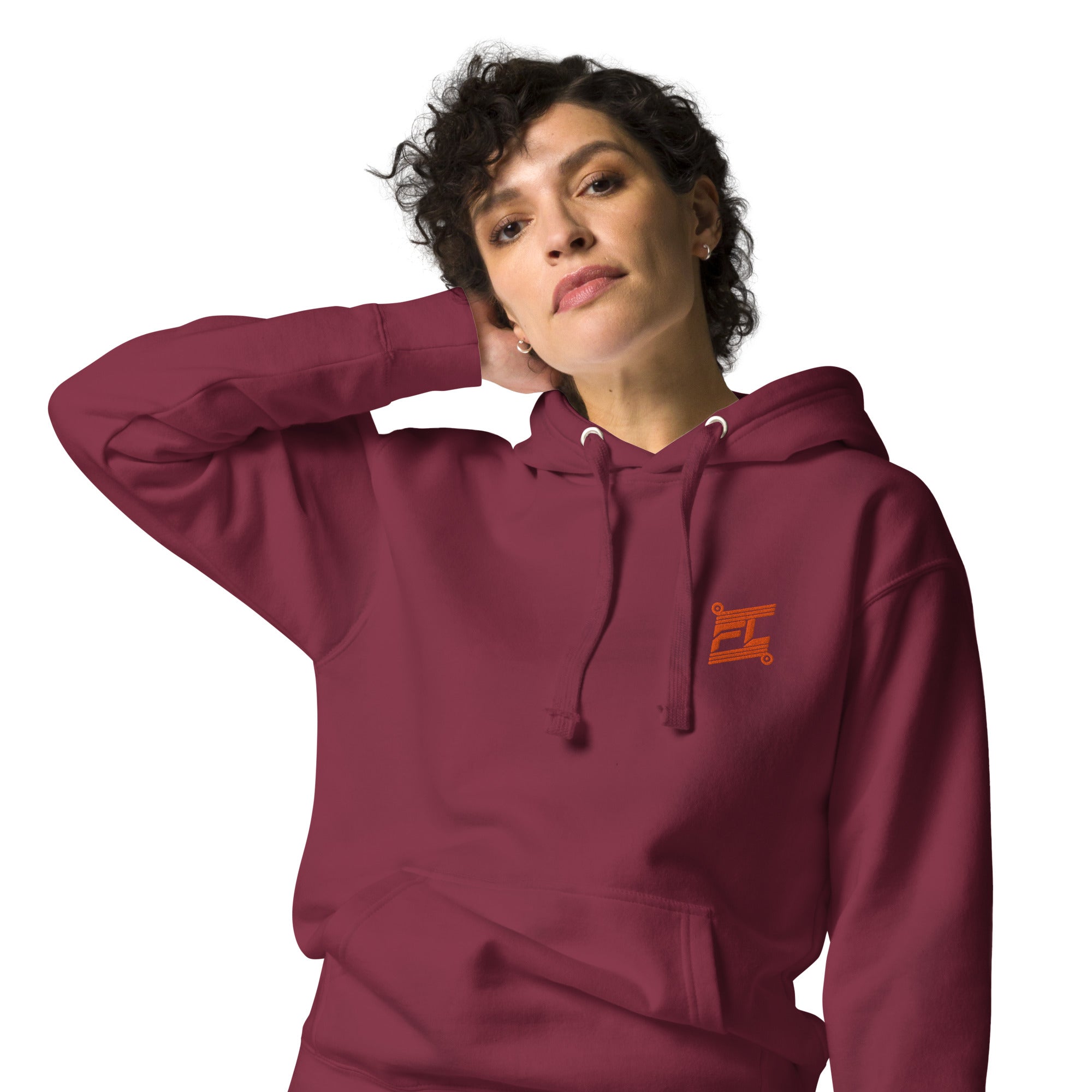 FL-FIT Hoodie femme bordeaux, face avant, capuche doublée, cordons ajustables, œillets métal, élégant
