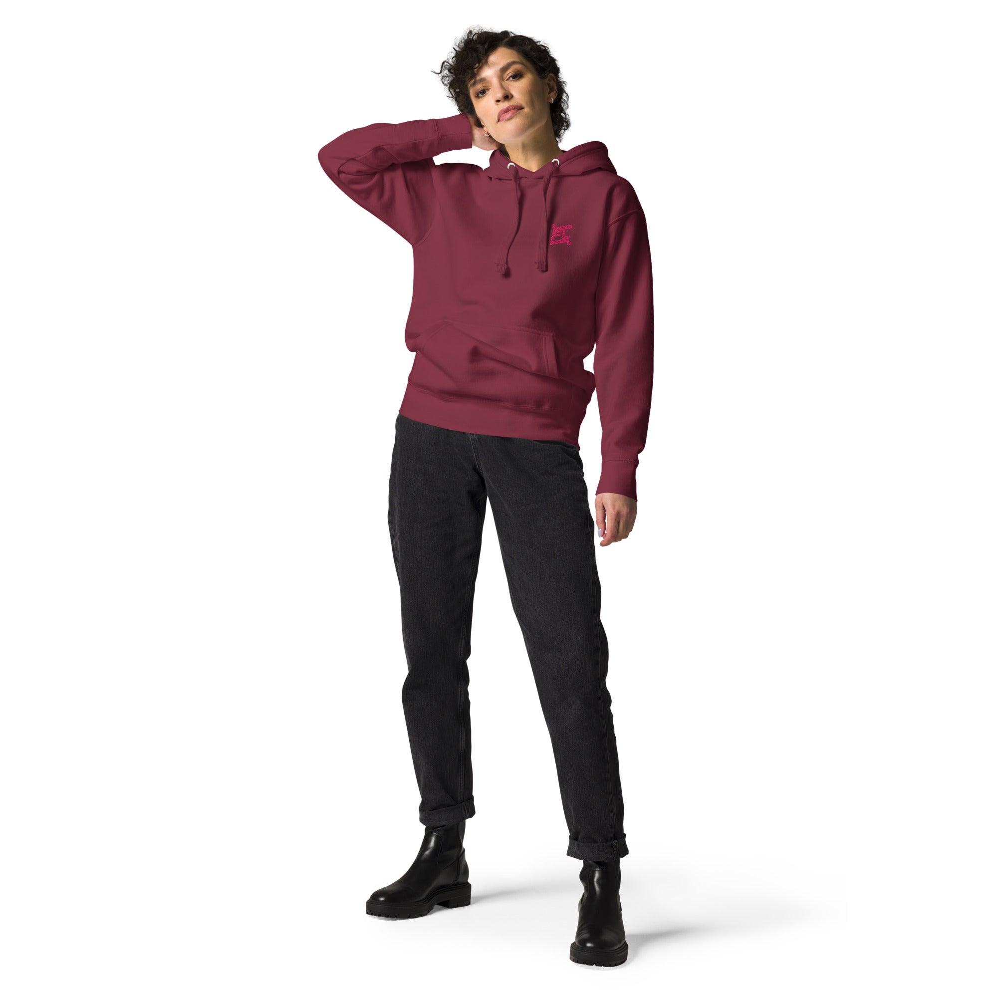 FL-FIT Hoodie — femme, bordeaux, face avant, logo FL rose brodé poitrine gauche, cordons capuche blanc cassé, coupe classique

