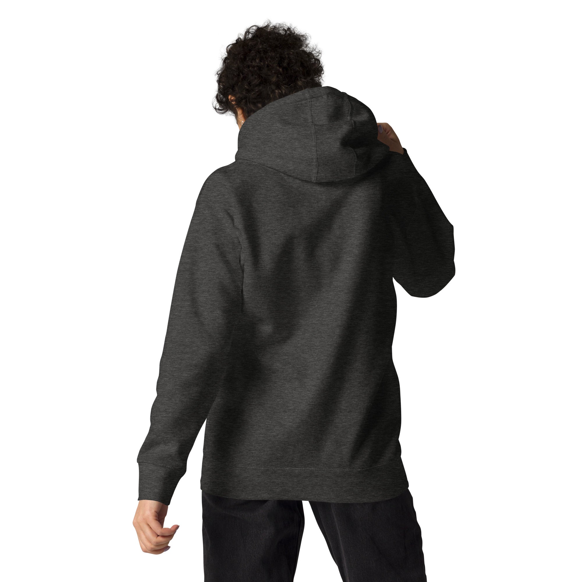 FL-FIT Hoodie — femme, gris chiné foncé, gros plan face avant, détail logo FL rose brodé poitrine gauche, cordons capuche blanc cassé, œillets métal
