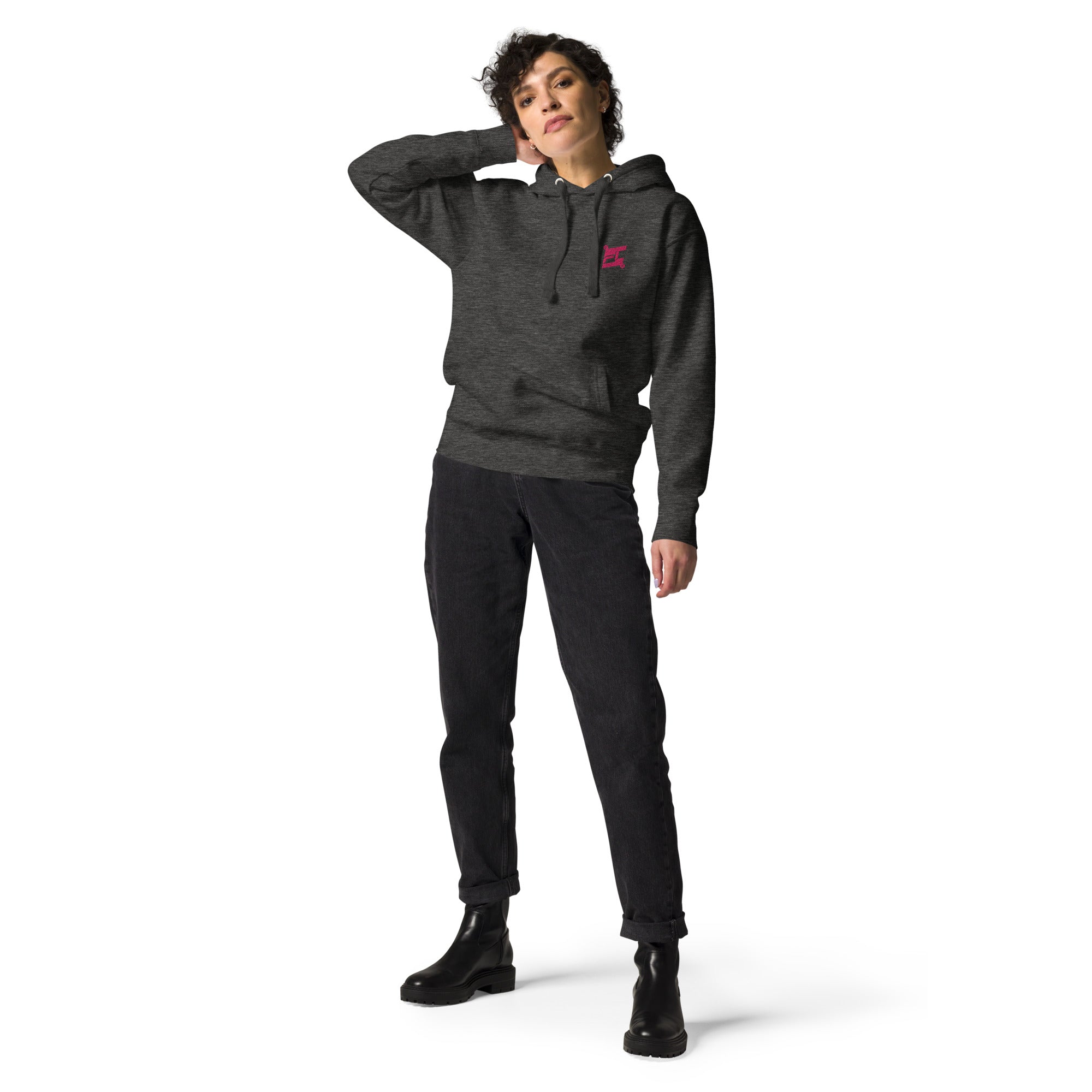 FL-FIT Hoodie — femme, gris chiné foncé, face avant, logo FL rose brodé poitrine gauche, cordons capuche blanc cassé, coupe classique
