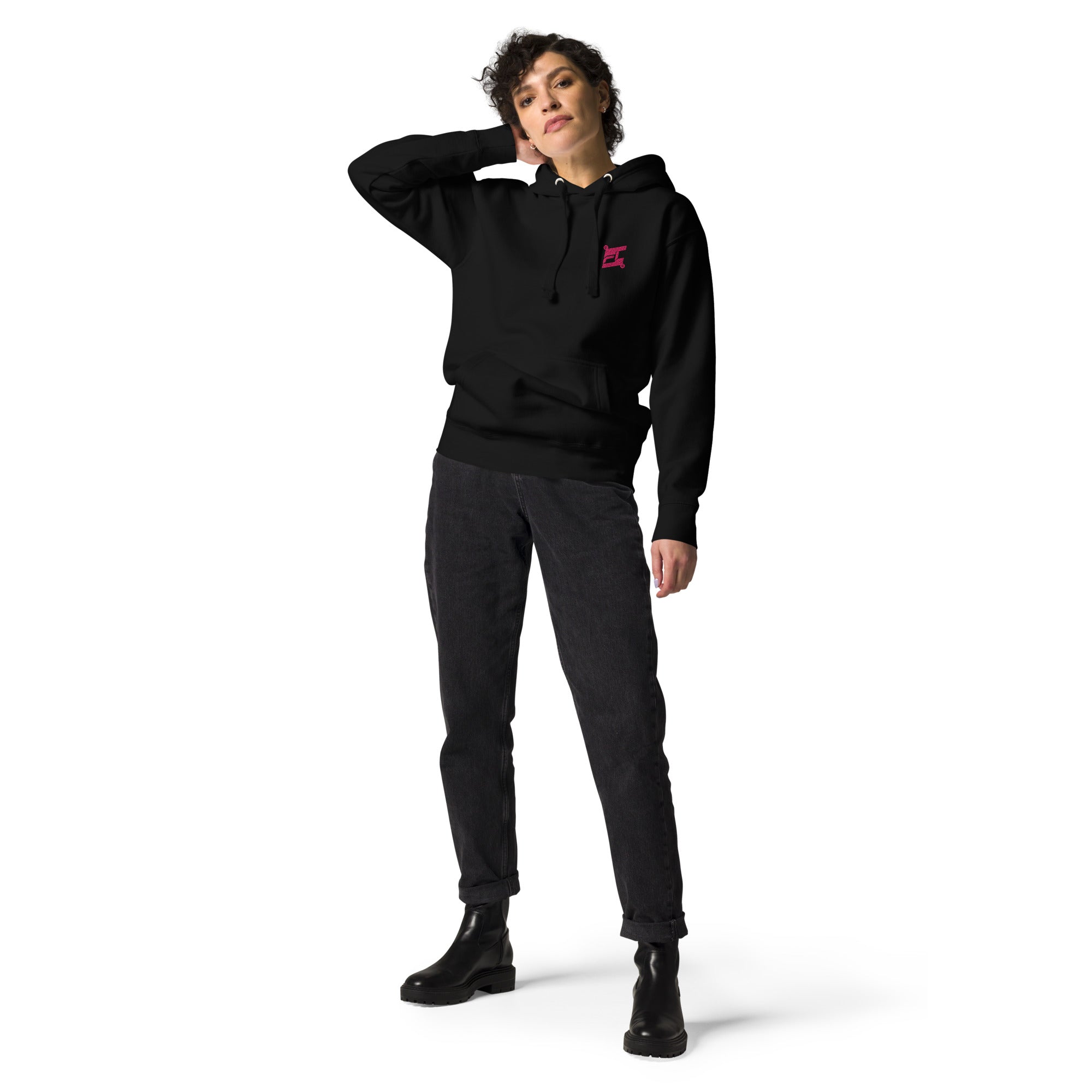 FL-FIT Hoodie — femme, noir, face avant, logo FL rose brodé poitrine gauche, cordons capuche blanc cassé, coupe classique
