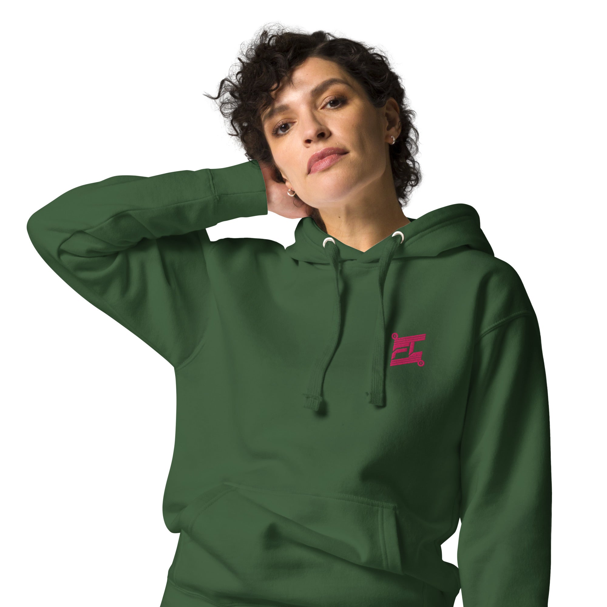 FL-FIT Hoodie — femme, vert forêt, gros plan face avant, logo FL rose brodé poitrine gauche, cordons capuche blanc cassé
