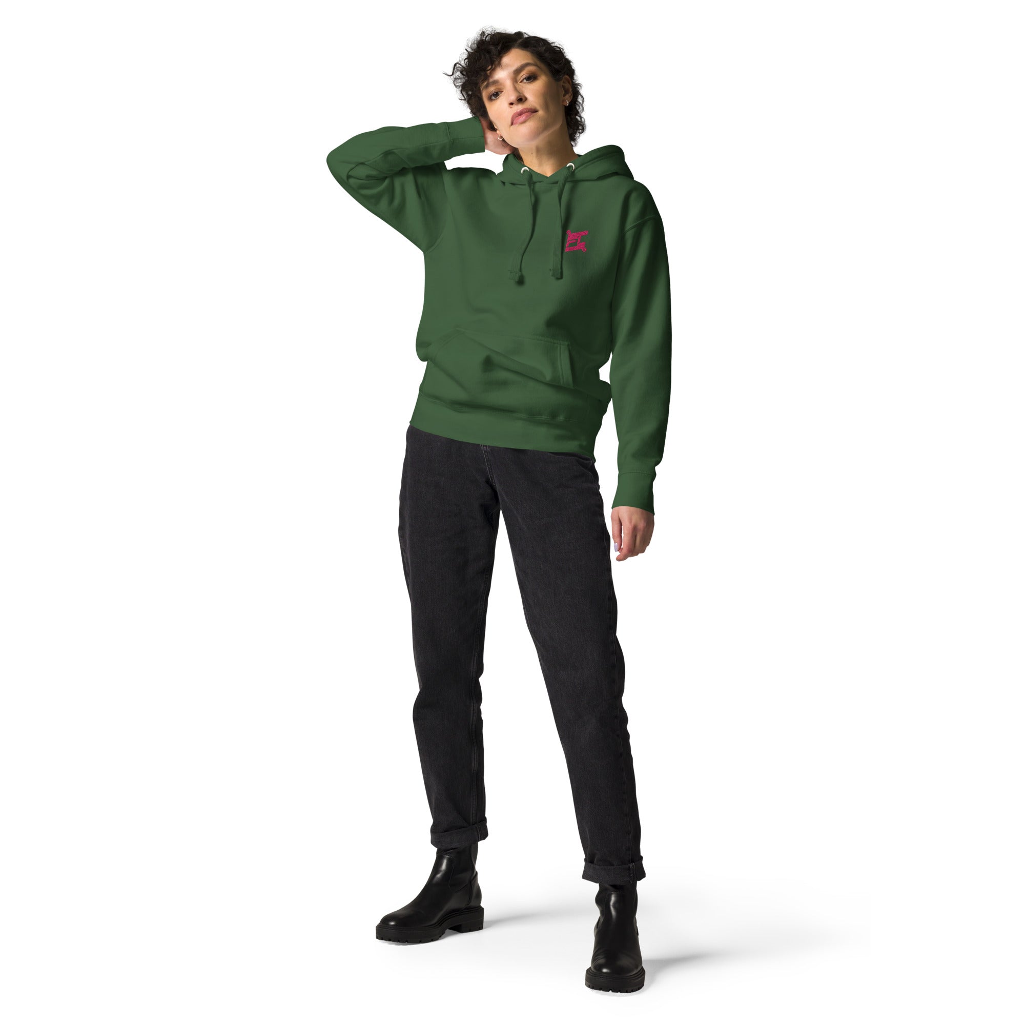 FL-FIT Hoodie — femme, vert forêt, coupe classique, logo FL rose brodé poitrine
