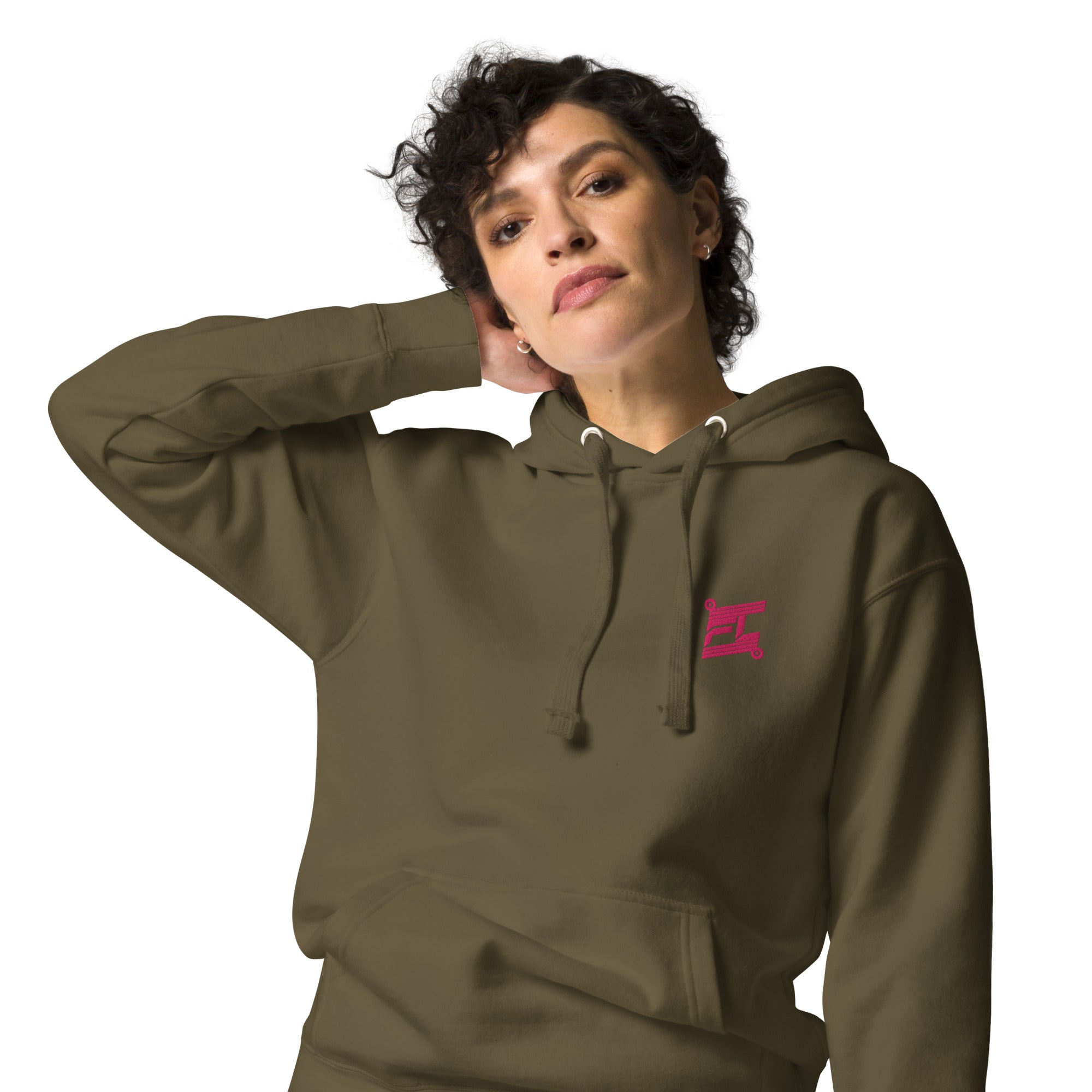 FL-FIT Hoodie — femme, vert kaki, gros plan face avant, logo FL rose brodé poitrine gauche, cordons capuche blanc cassé

