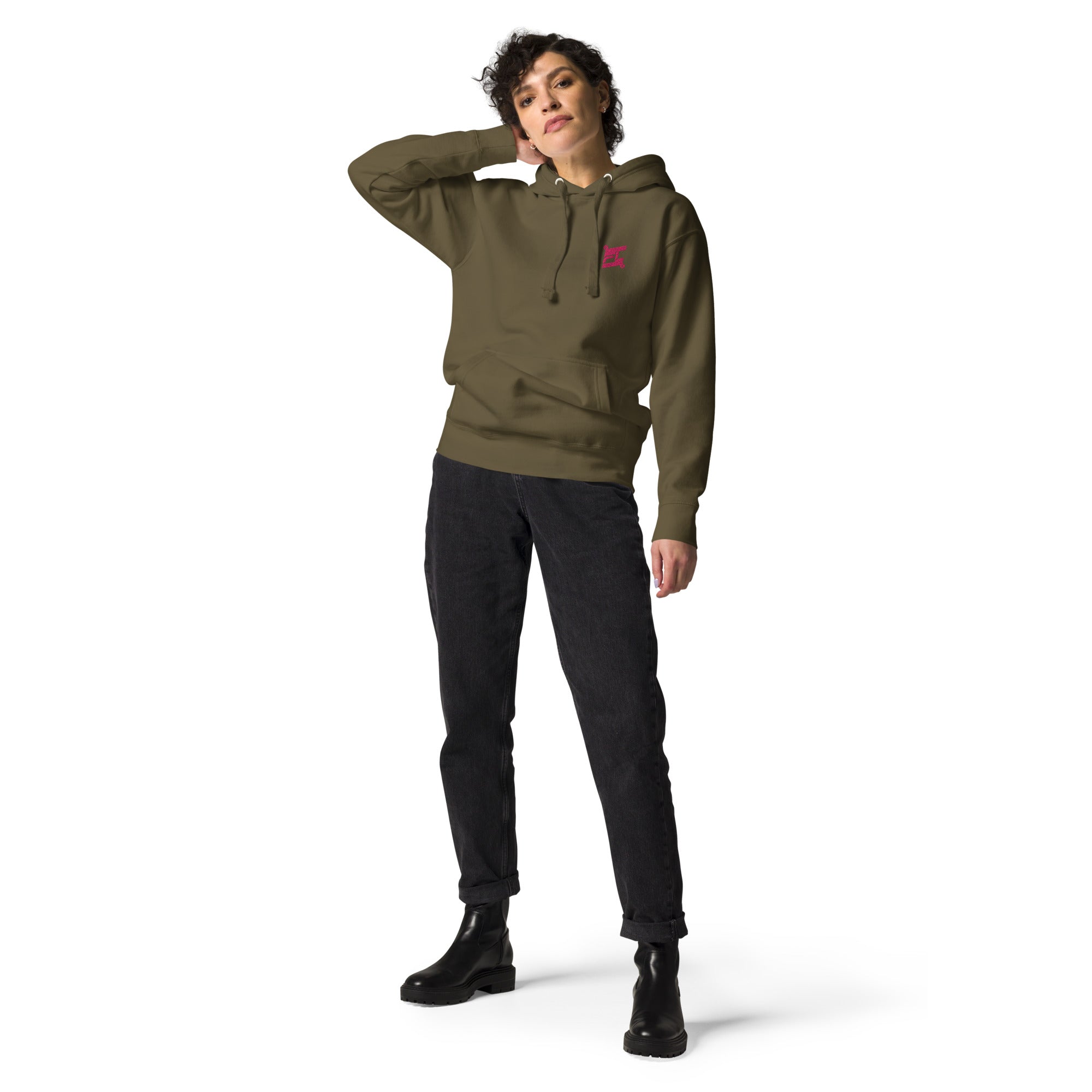 FL-FIT Hoodie — femme, vert kaki, coupe classique, logo FL rose brodé poitrine
