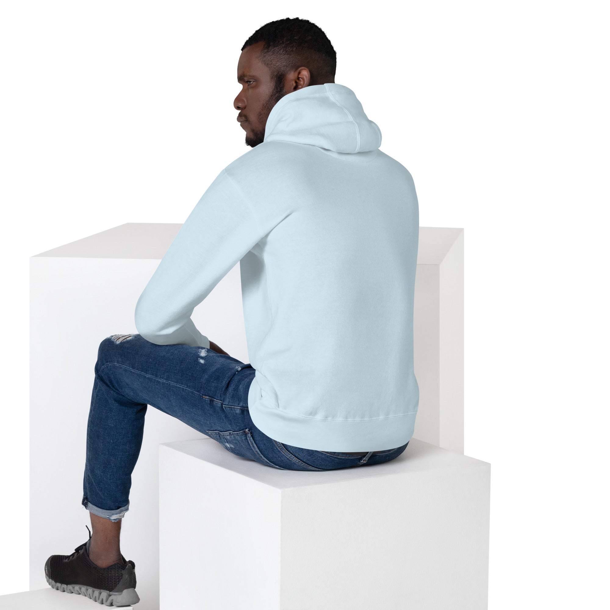 FL-FIT Hoodie homme bleu clair, vue de dos, capuche, assis sur cubes blancs, dos vierge