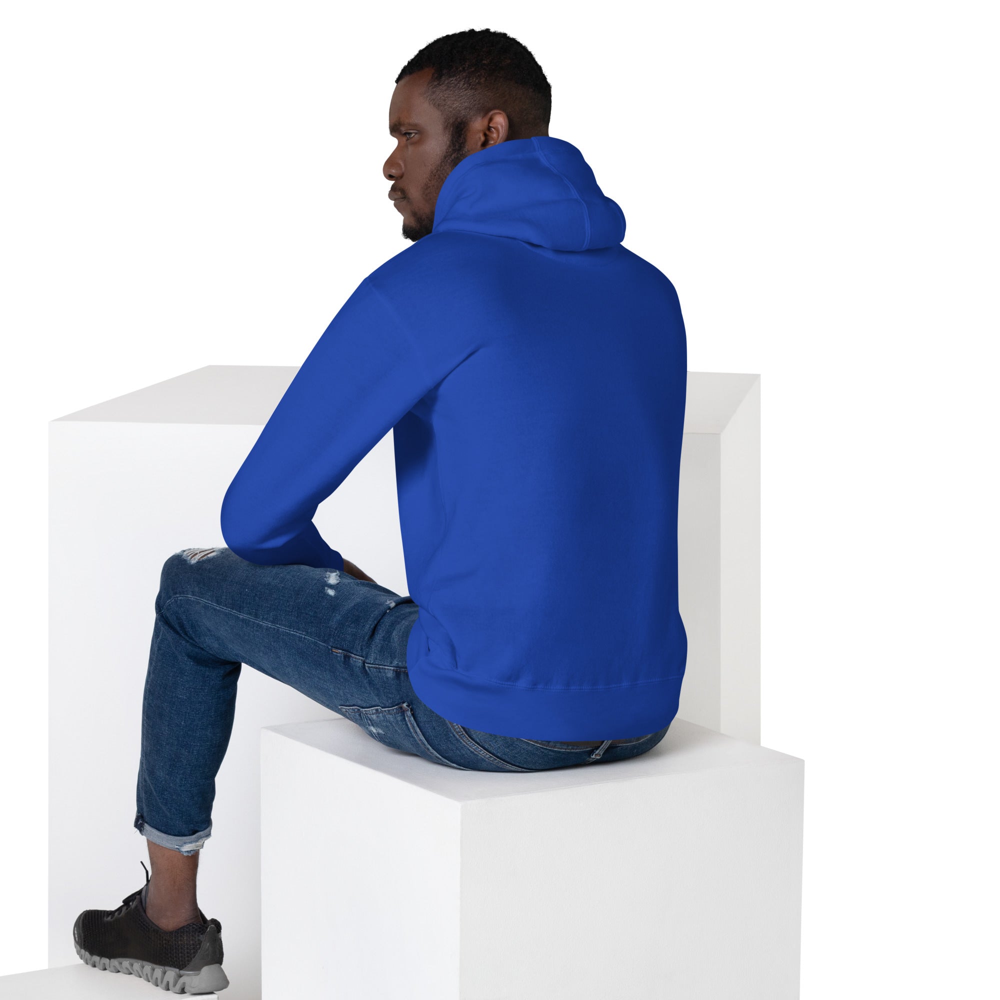 FL-FIT Hoodie homme bleu royal, vue de dos, capuche, assis sur cubes blancs, dos vierge