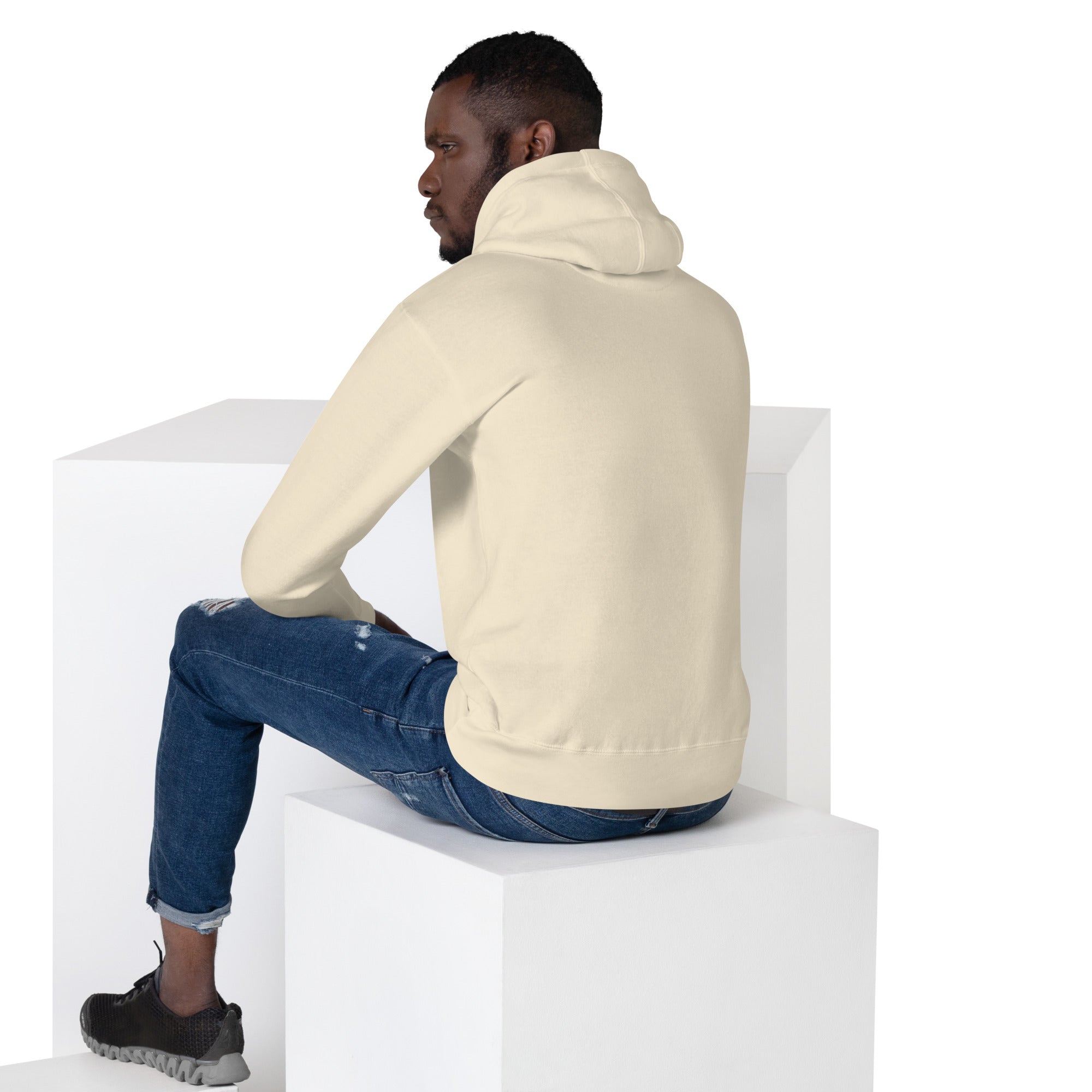 FL-FIT Hoodie homme crème, vue de dos, capuche, assis sur cubes blancs, dos vierge
