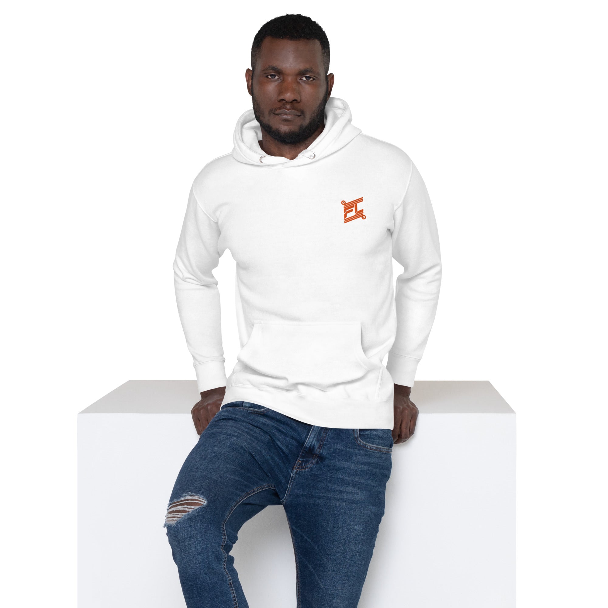 FL-FIT Hoodie unisexe blanc, face avant, petit logo FL orange brodé poitrine gauche, capuche doublée, cordons ajustables