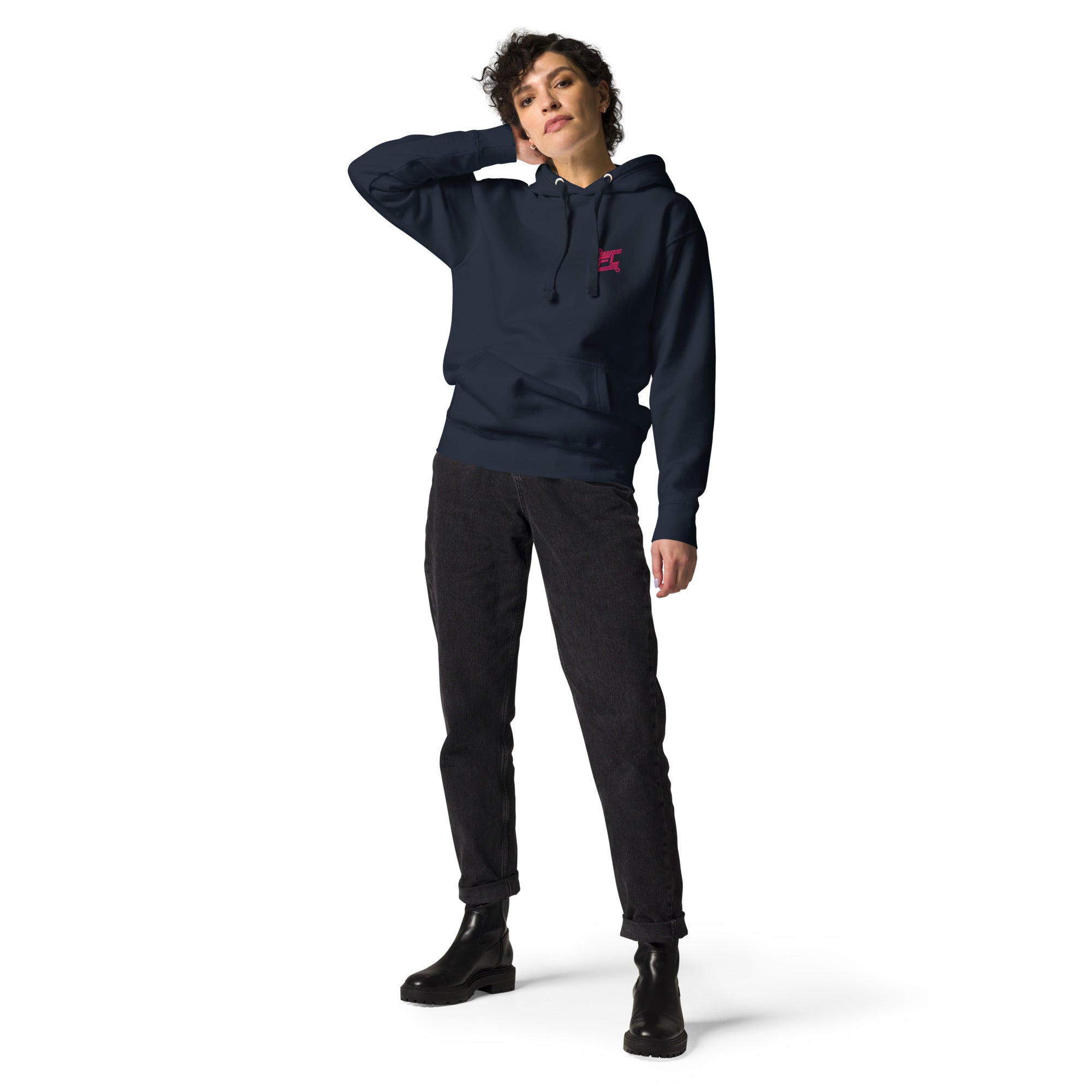 FL-FIT Hoodie unisexe noir, mockup femme face avant, logo FL rose brodé poitrine, fond blanc

