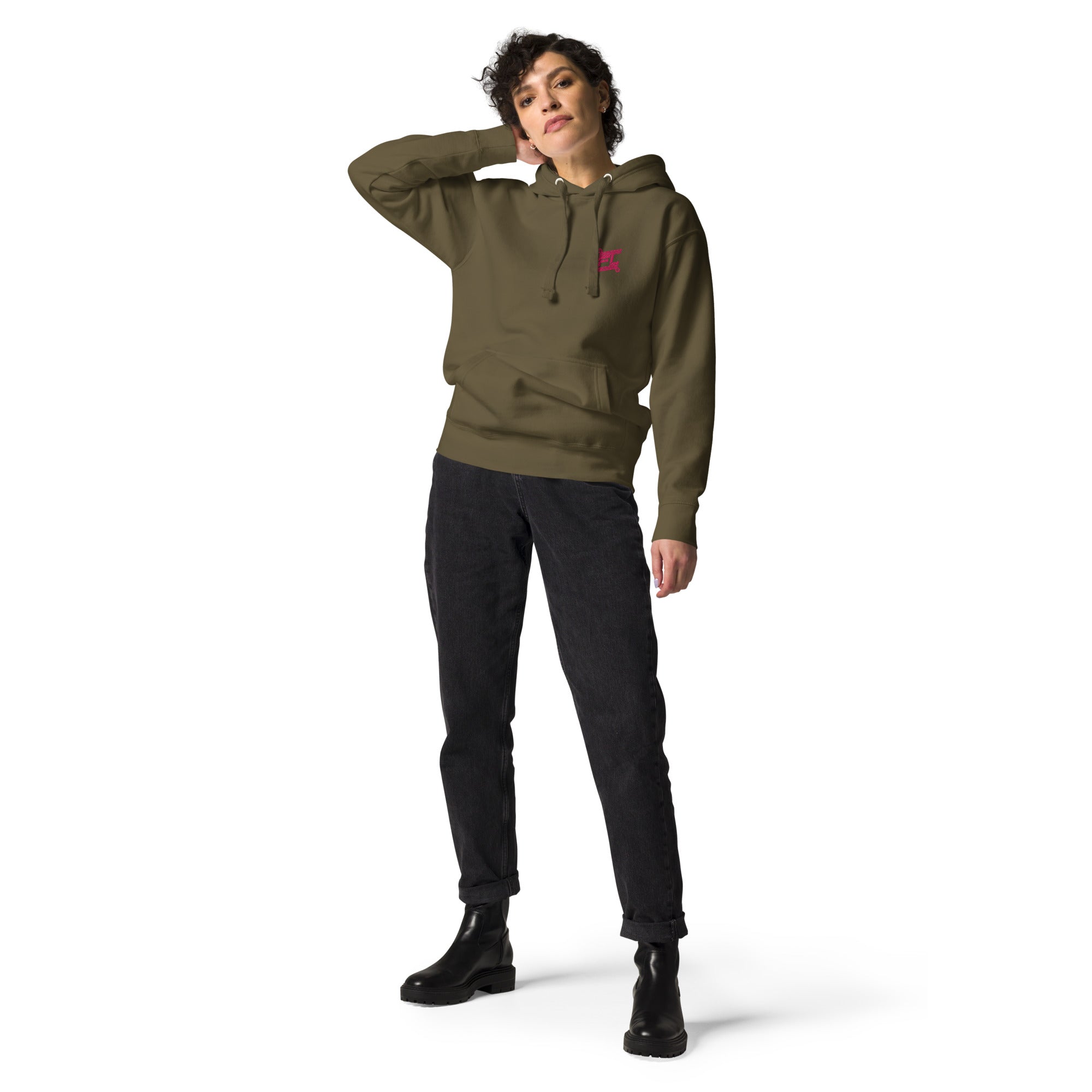 FL-FIT Hoodie unisexe vert kaki, mockup femme zoomé sur capuche et épaule, logo FL rose brodé poitrine, fond blanc