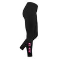 Legging femme FL-FIT noir en jersey, coupe ajustée confort, taille haute, mannequin vue de dos, silhouette allongée, logo FL-FIT noté sur le haut de la cuisse gauche, fond blanc
