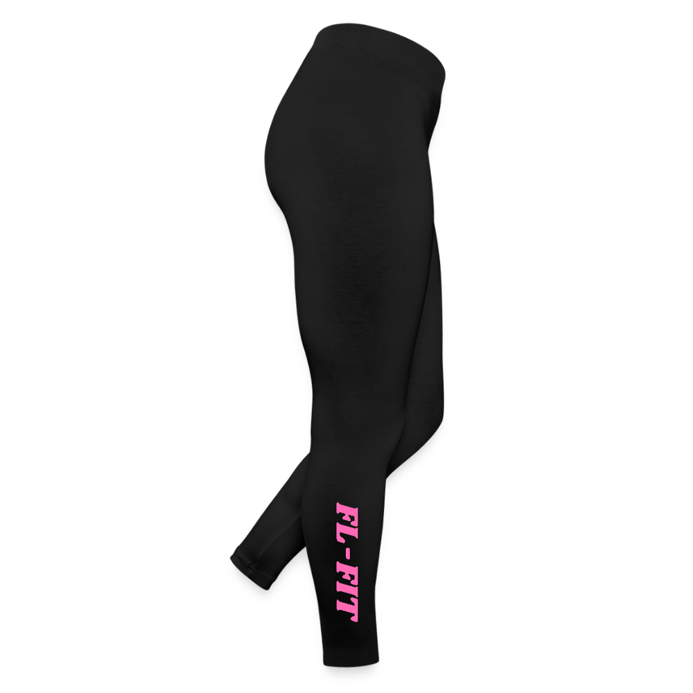 Legging femme FL-FIT noir en jersey, coupe ajustée confort, taille haute, mannequin vue de dos, silhouette allongée, logo FL-FIT noté sur le haut de la cuisse gauche, fond blanc
