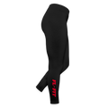 Legging femme FL-FIT noir en jersey, coupe ajustée confort, taille haute, mannequin vue de face, silhouette allongée, logo FL-FIT noté sur le haut de la cuisse gauche, fond blanc
