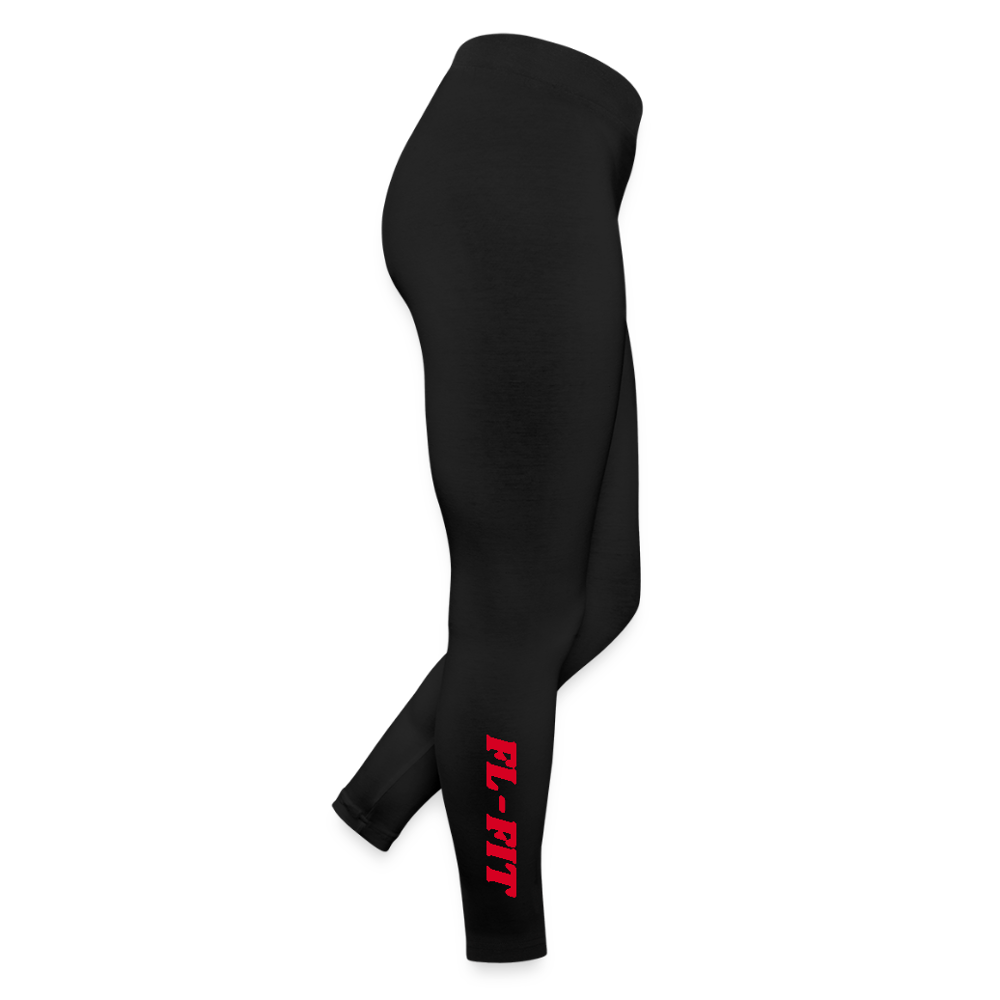 Legging femme FL-FIT noir en jersey, coupe ajustée confort, taille haute, mannequin vue de face, silhouette allongée, logo FL-FIT noté sur le haut de la cuisse gauche, fond blanc
