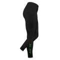 Legging femme FL-FIT noir en jersey, coupe ajustée confort, taille haute, mannequin vue de dos, silhouette allongée, logo FL-FIT noté sur le haut de la cuisse gauche, fond blanc
