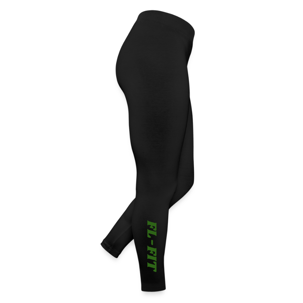 Legging femme FL-FIT noir en jersey, coupe ajustée confort, taille haute, mannequin vue de dos, silhouette allongée, logo FL-FIT noté sur le haut de la cuisse gauche, fond blanc