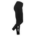 Legging femme FL-FIT noir en jersey, coupe ajustée confort, taille haute, mannequin vue profil droit, silhouette allongée, logo FL-FIT noté sur le haut de la cuisse droite, fond blanc

