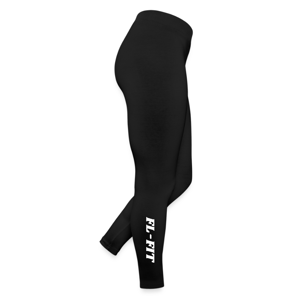 Legging femme FL-FIT noir en jersey, coupe ajustée confort, taille haute, mannequin vue profil droit, silhouette allongée, logo FL-FIT noté sur le haut de la cuisse droite, fond blanc
