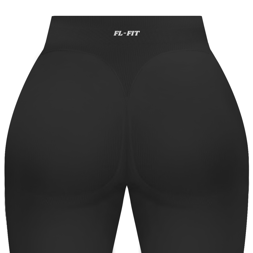 Short gainant femme FL-FIT noir vue de dos, taille haute, compression moyenne, ceinture large, finitions plates anti-frottement, logo FL-FIT orange brodé au bas du dos centré, fond blanc