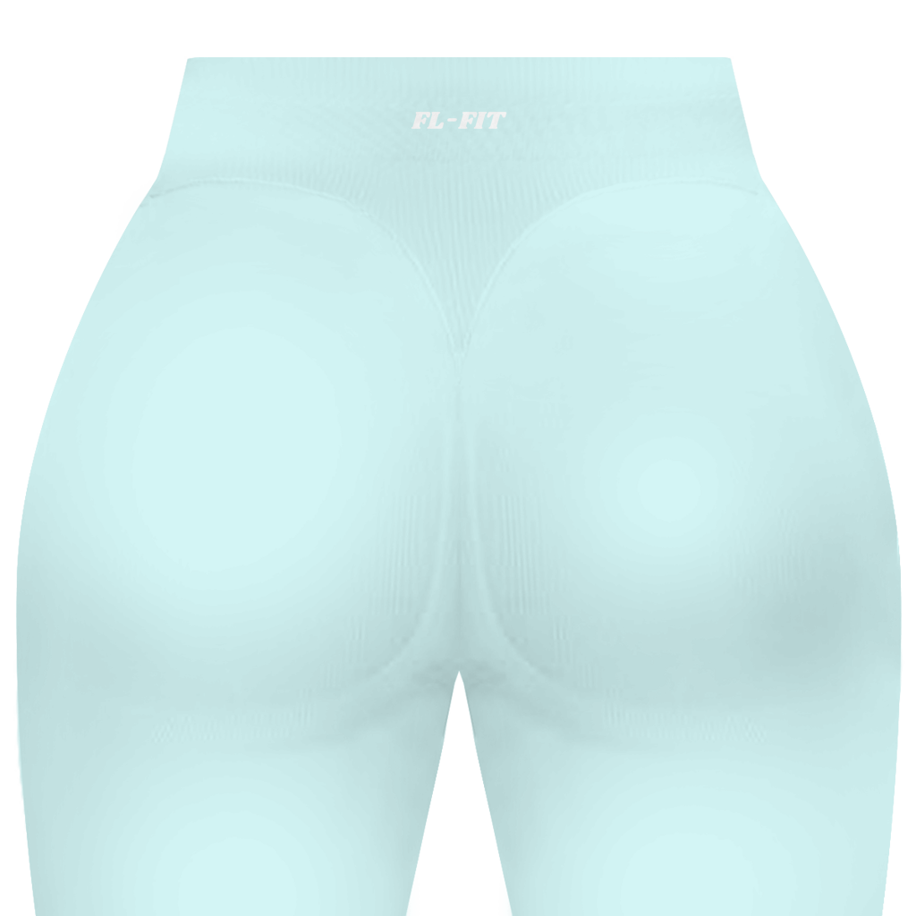 Short gainant femme FL-FIT turquoise vue de dos, taille haute, compression moyenne, ceinture large, finitions plates anti-frottement, logo FL-FIT orange brodé au bas du dos centré, fond blanc