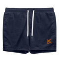 Short de bain homme FL-FIT bleu marine vue de face à plat, taille élastiquée, logo FL-FIT orange brodé sur la cuisse gauche, fond blanc