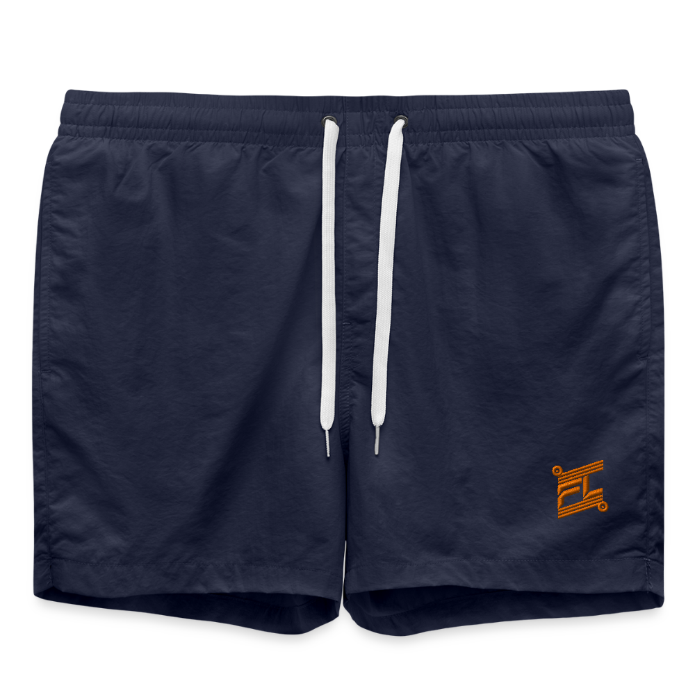Short de bain homme FL-FIT bleu marine vue de face à plat, taille élastiquée, logo FL-FIT orange brodé sur la cuisse gauche, fond blanc