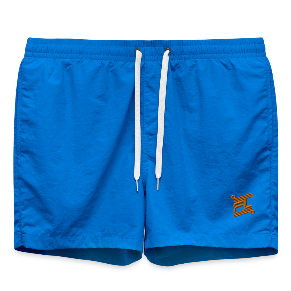 Short de bain homme FL-FIT cobalt blue vue de face à plat, taille élastiquée, logo FL-FIT orange brodé sur la cuisse gauche, fond blanc