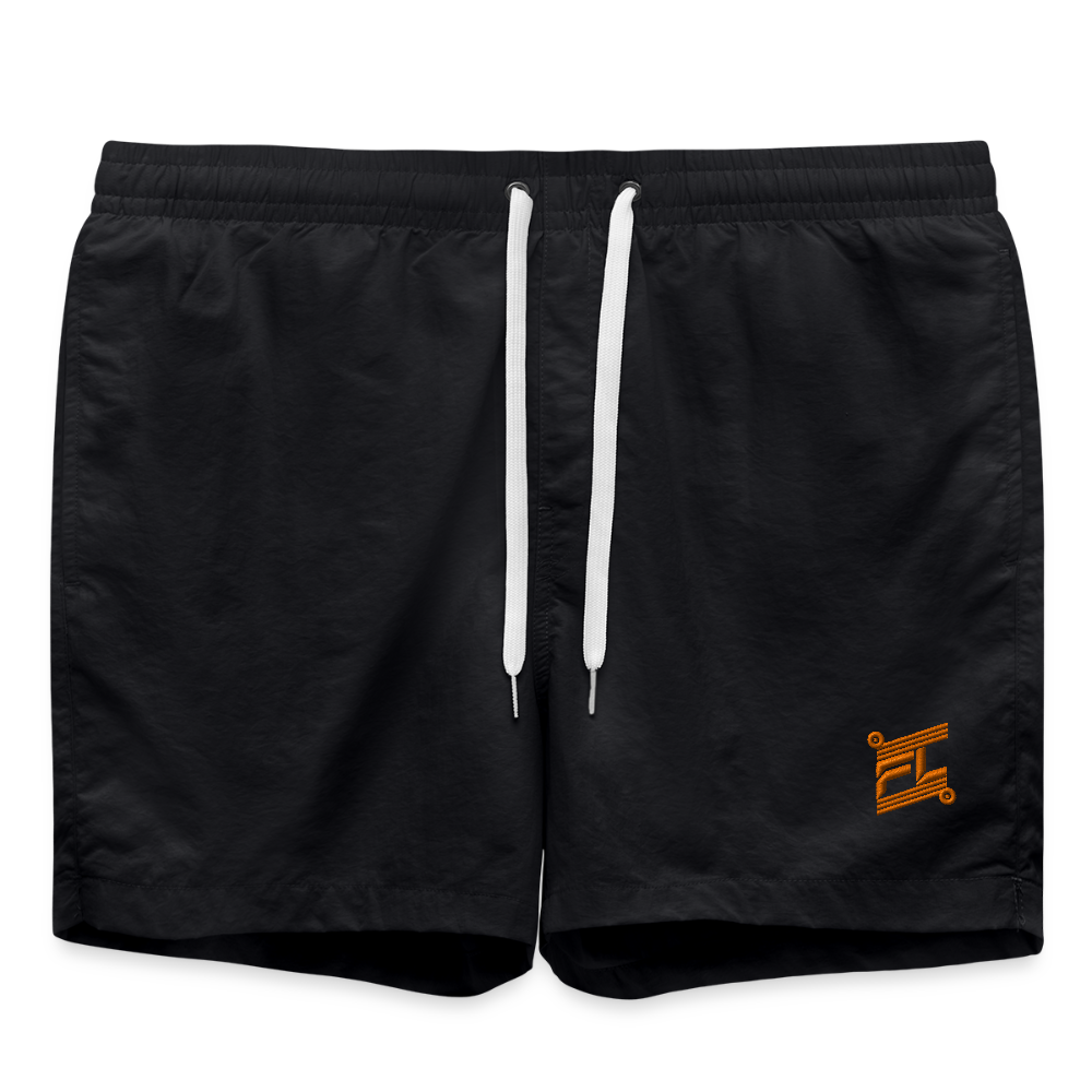 Short de bain homme FL-FIT noir vue de face à plat, taille élastiquée, logo FL-FIT orange brodé sur la cuisse gauche, fond blanc
