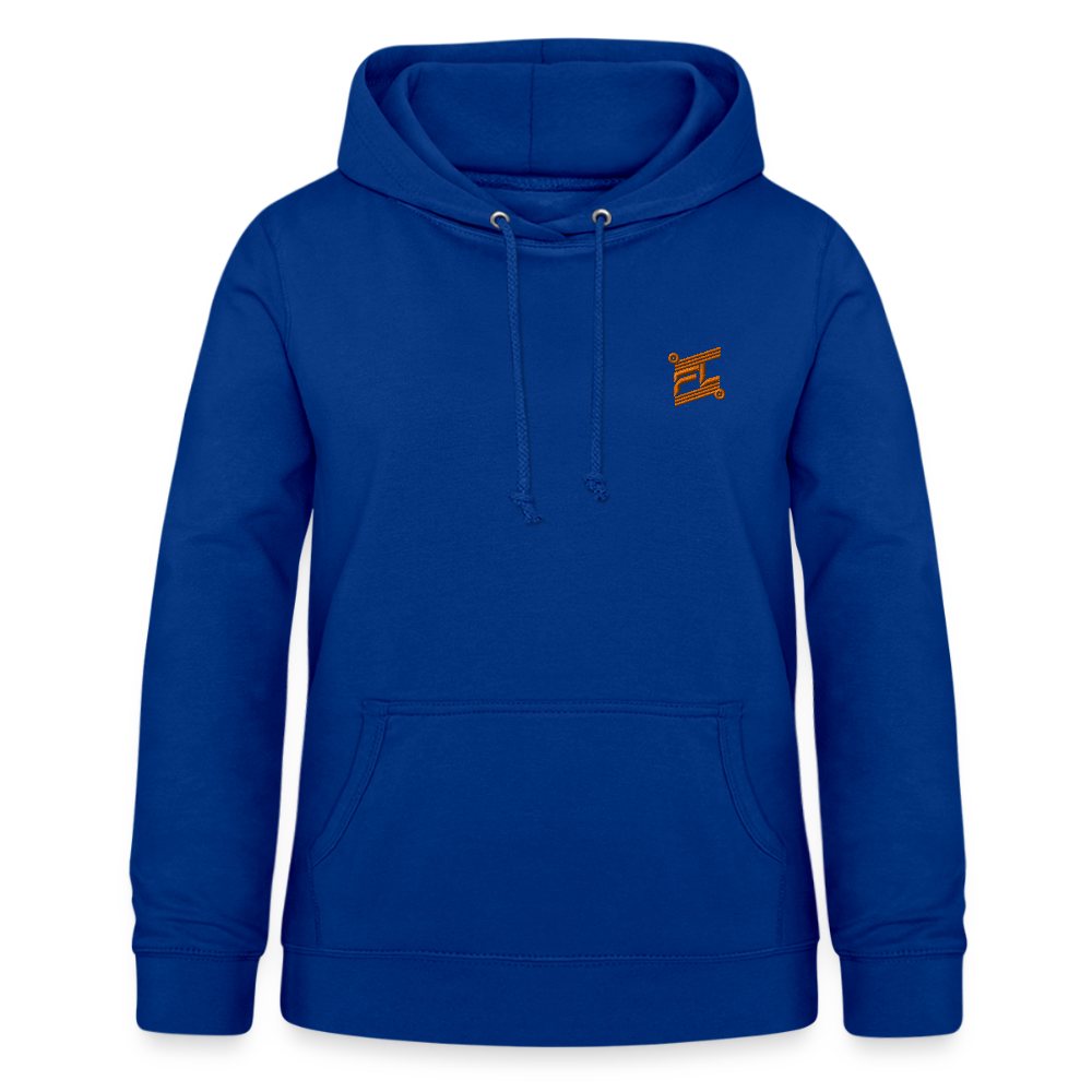 Sweat à capuche femme FL-FIT bleu royal vue de face à plat, coupe confort, capuche doublée, logo FL-FIT orange brodé sur la poitrine gauche, fond blanc