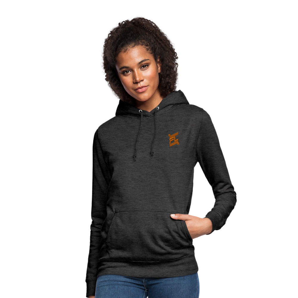 Sweat à capuche femme FL-FIT charbon porté mannequin vue de face, coupe confort, capuche doublée, logo FL-FIT orange brodé sur la poitrine gauche, fond blanc
